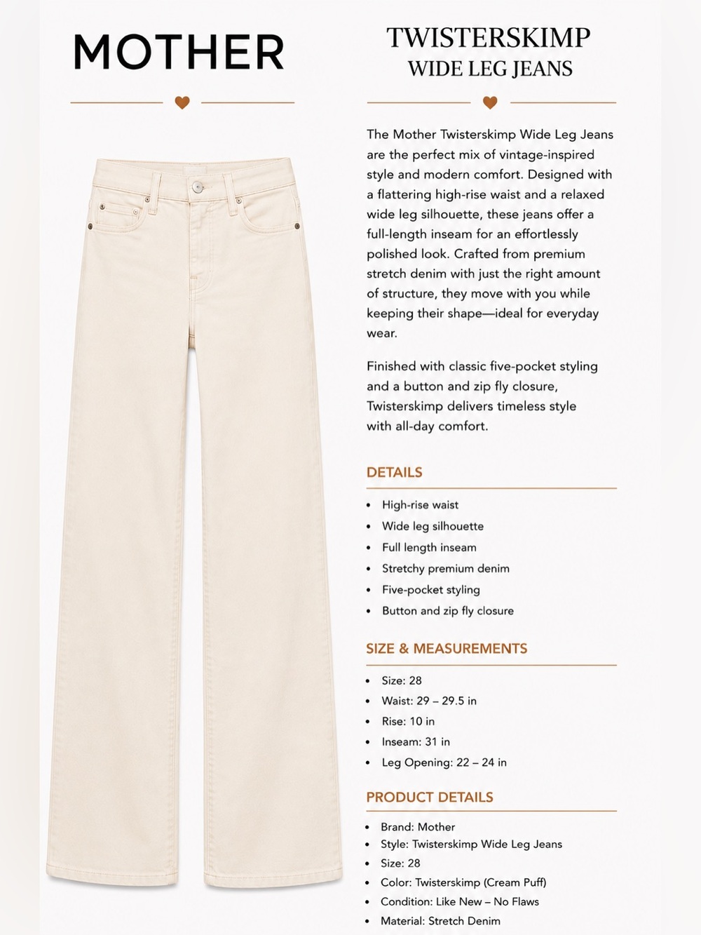 MOTHER Wide Leg Jeans in Cream